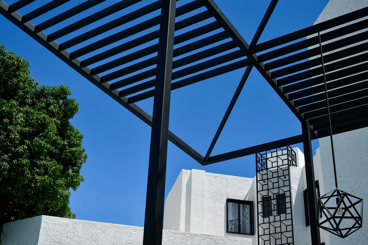 close-up of a metal pergola